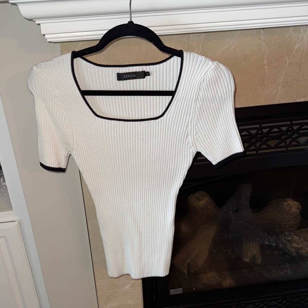 ZESICA White Ribbed Women's Blouse